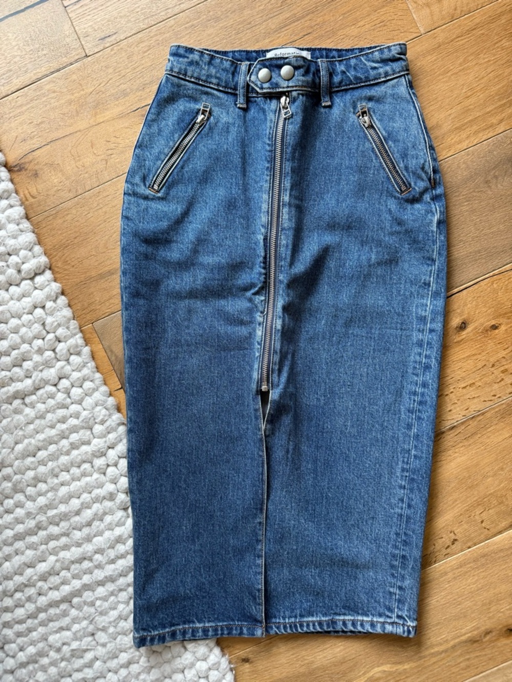 Reformation Dark Blue High-Waist Midi Denim Skirt with Front Zip